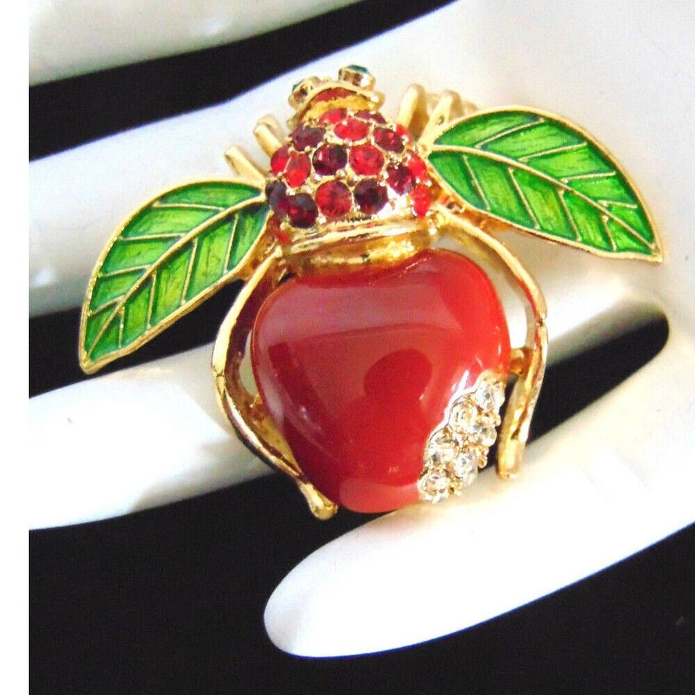 Joan Rivers Red Apple Bee Brooch Pin Pave Crystal Rhinestones Enameled Gold New